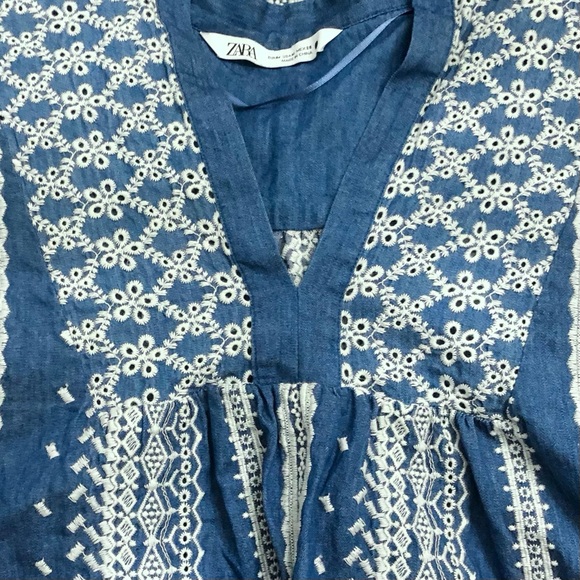 ZARA Blue and White Embroidered Boho Mini Dress or Tunic Top Size M - Picture 5 of 9